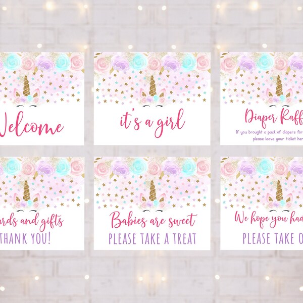Unicorn Baby Shower Table Signs Pink & Gold Unicorn Floral Unicorn 6 Printable Baby Shower Signs Digital Instant Download A450