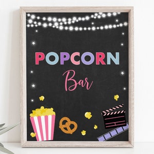 Movie Night Popcorn Bar Party Sign Backyard Movie Night Pink Girl Outdoor Backyard Movie Party Movie Under the Stars Digital Download A555