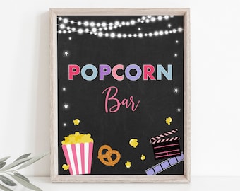 Movie Night Popcorn Bar Party Sign Backyard Movie Night Pink Girl Outdoor Backyard Movie Party Movie Under the Stars Digital Download A555