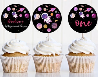 Editable Space Cupcake Toppers Girl Pink Astronaut Galaxy Planets Rocket Ship Outer Space Moon Solar System Printable Digital Download A654