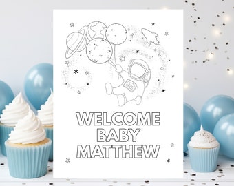 Editable Space Baby Shower Coloring Page Baby Shower Activity Astronaut Baby Shower Galaxy Planets Rocket Ship Space Party Download A606