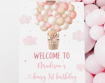 Editable Pink Teddy Bear Birthday Welcome Sign, Beary First Birthday, Girl Teddy Bear Balloons Digital Download A710