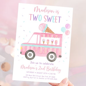 Editable Ice Cream Truck Birthday Invitation Pink Two Sweet Ice Cream Second Birthday Modern Girl Ice Cream Party Digital Download A673