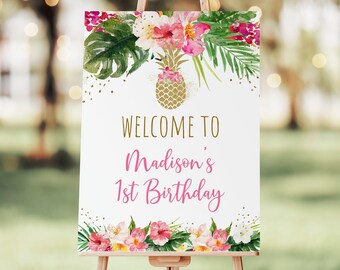 Redigerbar ananasfödelsedagsvälkomstskylt ananasfest rosa tropisk blommig guld ananas 1-årsdag utskrivbar digital nedladdning A494
