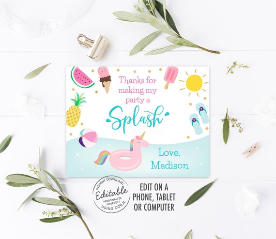 EDITABLE Pool Party Birthday Thank You Card Girls Pool Party Ice Cream Pineapple Watermelon Digital Printable Instant Download Template A533 Il_570xn