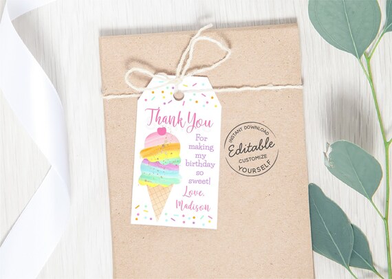 EDITABLE Ice Cream Birthday Thank You Tags, Ice Cream Party Favor Tags, Rainbow Ice Cream, Rainbow Birthday, Printable Instant Download A499 Il_570xn