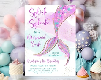 Editable Mermaid Birthday Invitation Mermaid Tail Birthday Invite Under The Sea Pink Purple Gold Printable Digital Download A627