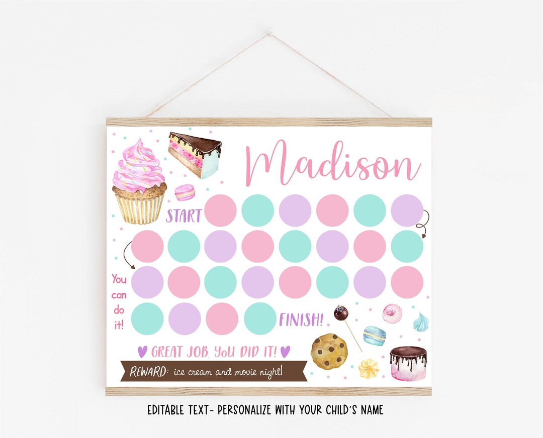 Editable Girls Reward Chart, Sticker Chart, Baking, Cake, Cookies, Candy, Cupcake Potty Training ...