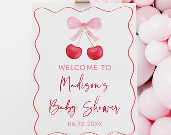 Editable Cherry Baby Shower Welcome Sign, Cherry on Top Baby Shower, Coquette Pink Bow Girl Baby Shower, Digital Download A771
