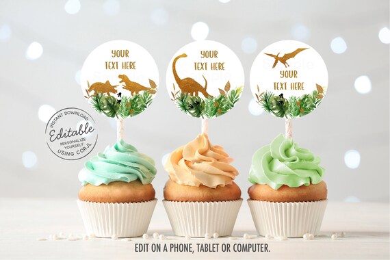 EDITABLE Dinosaur Cupcake Topper, Dinosaur Baby Shower, Dinosaur Birthday, Gold Dinosaur, Safari, Printable, Digital, Instant Download A498 Il_570xn