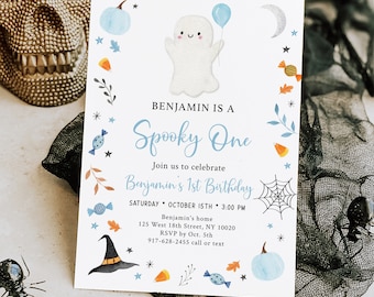 Editable Spooky One Ghost Birthday Invitation Ghost First Birthday Invite Blue Boy Pumpkin Halloween Party Digital Download A706
