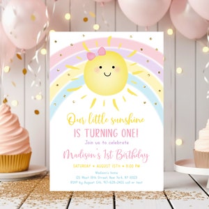 Editable Sunshine Rainbow First Birthday Invitation Girls Rainbow Party Pastel Rainbow Little Sunshine Printable Digital Download A599
