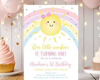 May include: A colorful invitation with a smiling sun and rainbow design. The text reads "Our little sunshine is turning one! Join us to celebrate Madison's 1st Birthday. Saturday August 15th 8:00 PM. Madison's home 125 West 18th Street, New York, NY 10020. RSVP by August 5th. 917-628-2455 call or text."