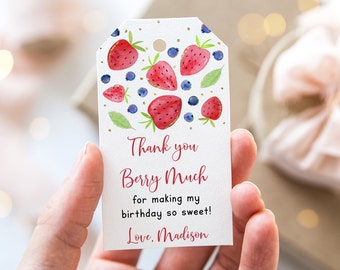 Editable Strawberry Birthday Thank You Tags Favor Tags Berry Sweet Strawberry Party Blueberry Birthday Berry Birthday Digital Download A670