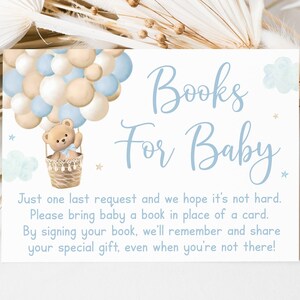Cartes de demande de livre en montgolfière ours en peluche avec ballons Shower de bébé ours bleu garçon nounours baby shower en téléchargement numérique A710