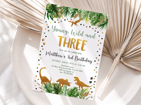 Editable Young Wild & Three Dinosaur Birthday Invitation Gold Dinosaur Safari T-Rex Birthday Invite Digital Printable Template A498 Il_570xn