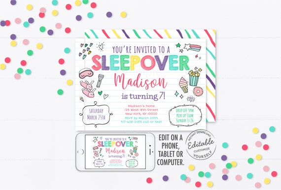 EDITABLE Sleepover Birthday Invitation Sleepover Party Slumber Party Pajama Party Girl Sleepover Printable Digital Instant Download A523 Il_570xn