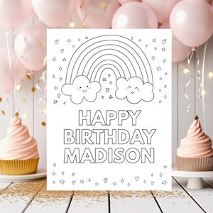 May include: A black and white printable coloring page with a rainbow, clouds, and the text "HAPPY BIRTHDAY MADISON".