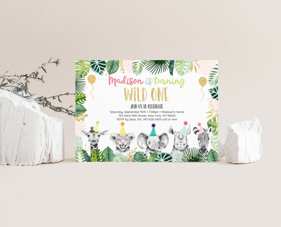 EDITABLE Wild One Birthday Invitation Safari Birthday Gold Safari Animals Girl Safari Party Jungle Zoo Animals Printable Digital A557 Il_570xn