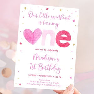 Editable Little Sweetheart First Birthday Invitation Pink Gold Hearts Valentine's Birthday Invite Girl Valentine's Day Party Download A657