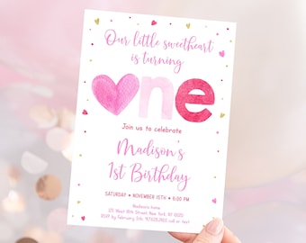 Editable Little Sweetheart First Birthday Invitation Pink Gold Hearts Valentine's Birthday Invite Girl Valentine's Day Party Download A657