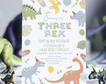 May include: A light blue birthday invitation with dinosaur illustrations. The text reads "Connor is THREE REX" and invites guests to celebrate Connor's 3rd birthday. Includes date, time, and RSVP information.