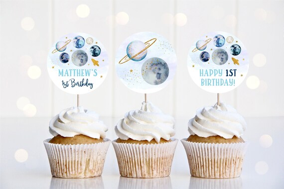 Editable Galaxy Cupcake Toppers Blue Gold Boy Galaxy Planets Rocket Ship Outer Space Moon Solar System Printable Instant Download A631 Il_570xn