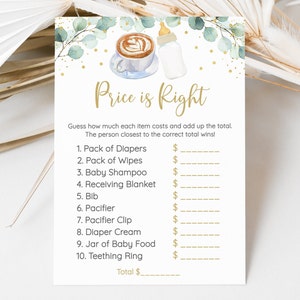 Editable Baby Is Brewing Price Is Right Game Coffee Baby Shower Baby Brewing Greenery Gold Coed Gender Neutral Digital Download A601