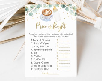 Editable Baby Is Brewing Price Is Right Game Coffee Baby Shower Baby Brewing Greenery Gold Coed Gender Neutral Digital Download A601