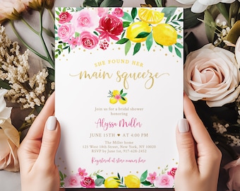 Editable Pink Floral Lemon Bridal Shower Invitation She Found Her Main Squeeze Bridal Shower Invite Citrus Summer Digital Download A734