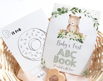 ABC Buch Baby Shower Spiel Teddy Bär Grün Alphabet Malbuch Babys Erste ABC Buch Baby Shower Malvorlagen Digitaler Download A602