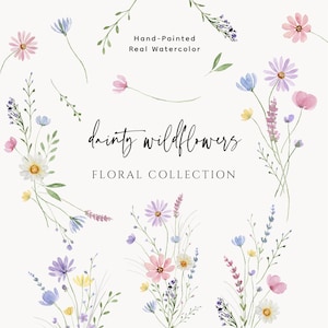 Watercolor Wildflower Clipart, Delicate Pastel Flowers, Floral Border, PNGS