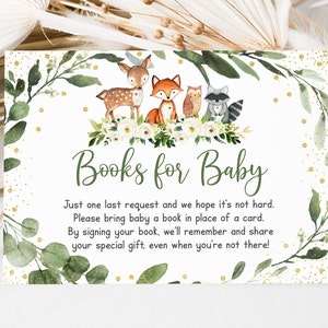 Bosboekaanvraagkaarten Bos babyshower Bosdieren Genderneutraal groen Boeken voor baby Afdrukbare Instant Download A524