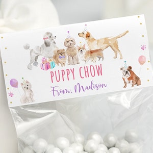 Editable Puppy Chow Bag Toppers Treat Bag Toppers Let's Paw-ty Girl Puppy Birthday Animal Shelter Vet Puppy Dog with Balloons Digital A621