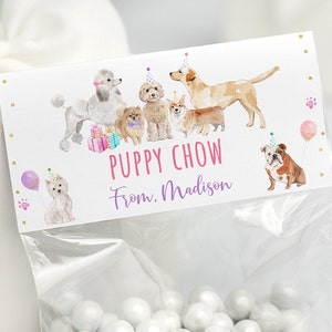 Editable Puppy Chow Bag Toppers Treat Bag Toppers Let&#39;s Paw-ty Girl Puppy Birthday Animal Shelter Vet Puppy Dog with Balloons Digital A621