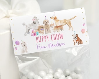 Editable Puppy Chow Bag Toppers Treat Bag Toppers Let's Paw-ty Girl Puppy Birthday Animal Shelter Vet Puppy Dog with Balloons Digital A621