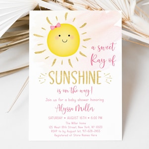 Editable Sunshine Baby Shower Invitation Little Ray Of Sunshine Pink & Gold Girl Baby Shower Printable Digital Instant Download Corjl A536