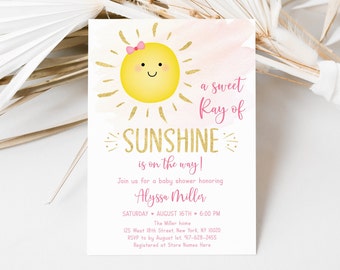 Editable Sunshine Baby Shower Invitation Little Ray Of Sunshine Pink & Gold Girl Baby Shower Printable Digital Instant Download Corjl A536