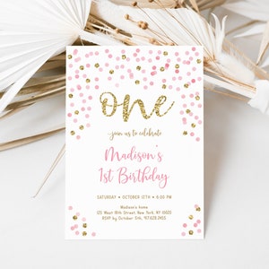 Editable Pink and Gold First Birthday Invitation, Confetti 1st Birthday Invite, Pink Gold Glitter Dots, Girl First Birthday, Download A559 image 3