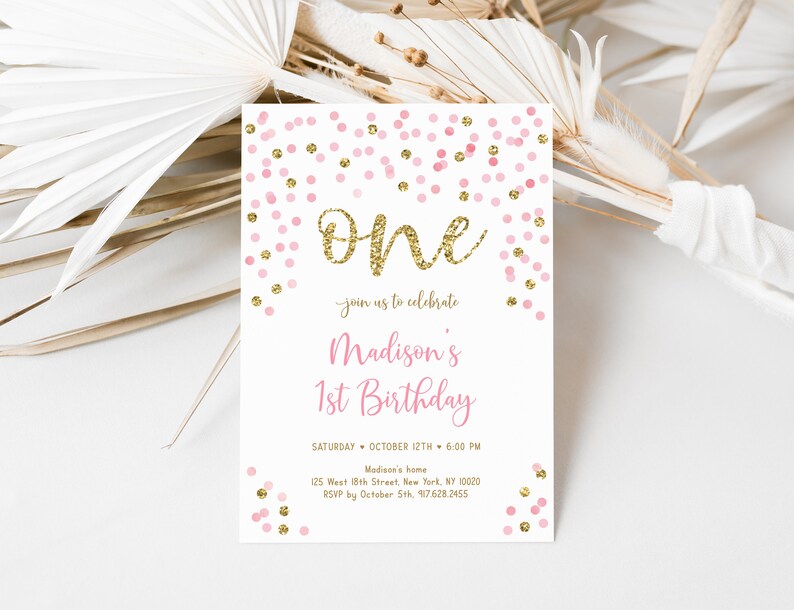 Editable Pink and Gold First Birthday Invitation, Confetti 1st Birthday Invite, Pink Gold Glitter Dots, Girl First Birthday, Download A559 image 3