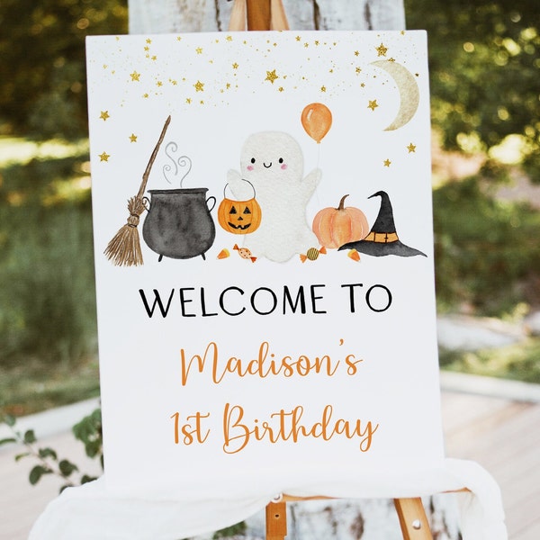 Editable Ghost Birthday Welcome Sign BOO-day Halloween Sign Halloween Party Ghost Pumpkin Moon Stars Boy Girl Digital Download A702