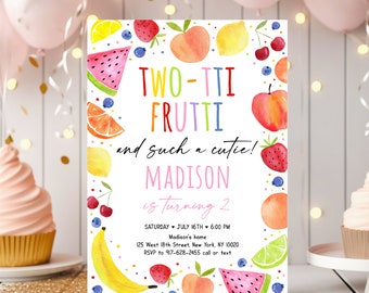 May include: A colourful fruit-themed birthday invitation for a child turning two. The invitation features a watermelon, a banana, a peach, a lemon, a strawberry, a cherry, and blueberries. The text on the invitation reads "Two-Tti Frutti and such a cutie! Madison is turning 2".