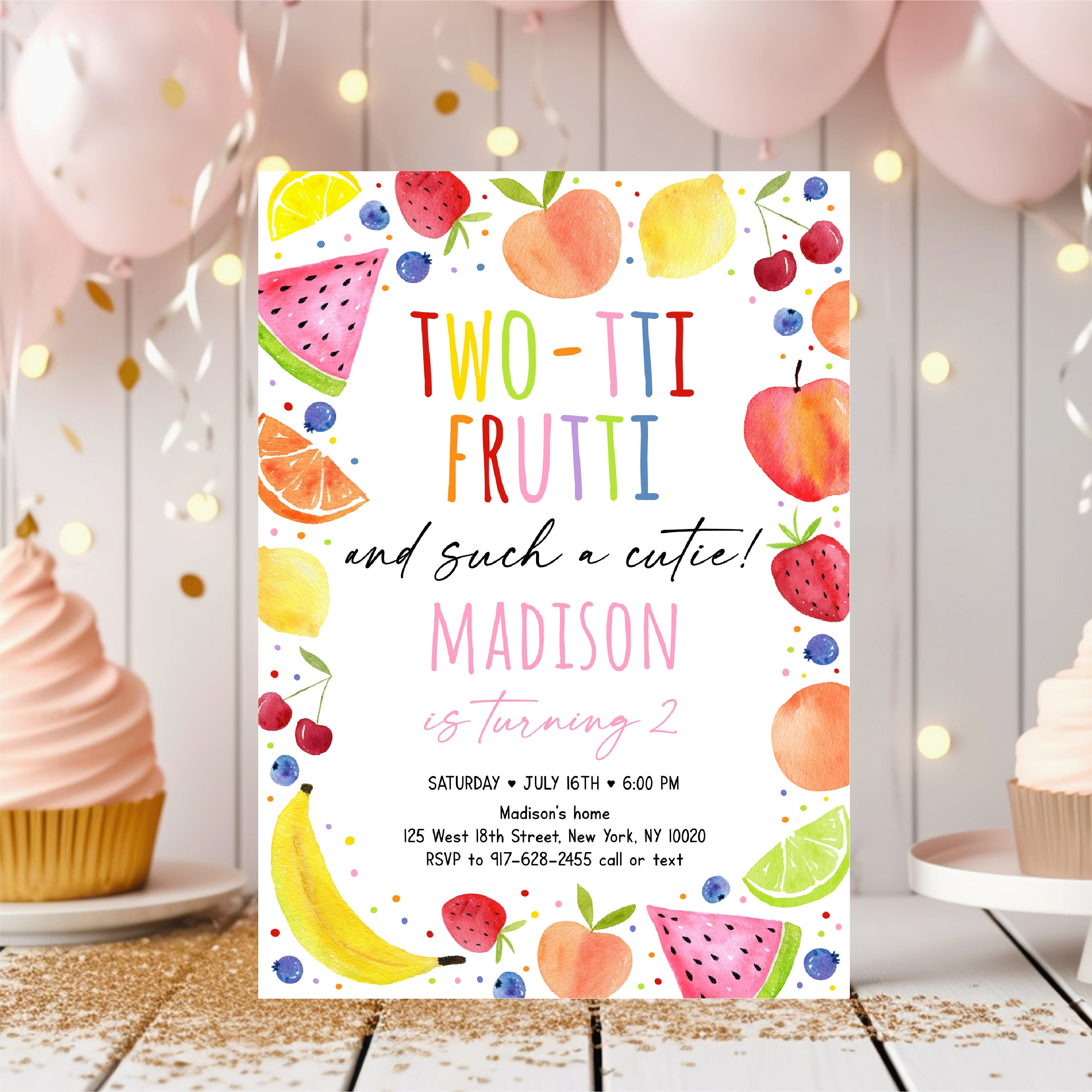 Editable Two-tti Frutti Birthday Invitation Such a Cutie Fruit