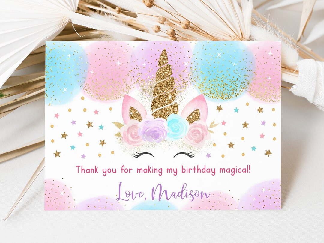 Editable Unicorn Birthday Thank You Card Unicorn Birthday Party Pink ...