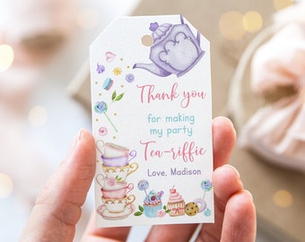 Editable Tea Party Birthday Favor Tags Thank You Tags Tea-riffic Pink Purple Floral Tea Party Cake Cupcakes Cookies Digital Download A651