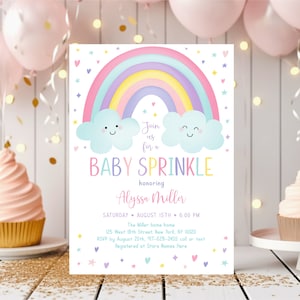 Invitation modifiable de saupoudrer de bébé arc-en-ciel pastel arc-en-ciel nuages étoiles coeurs fille bébé saupoudrer imprimable téléchargement numérique A549