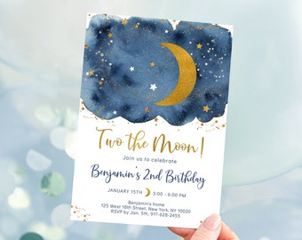 Two the Moon Birthday Invitation Navy Gold Moon and Stars Birthday Invite Space 2nd Birthday Boy Space Party Editable Digital Download A718