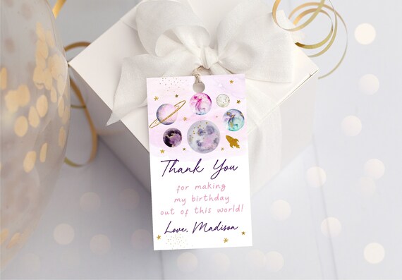 Editable Space Birthday Thank You Tags Favor Tags Pink Gold Galaxy Planets Outer Space Rocket Ship Out Of This World Instant Download A631 Il_570xn