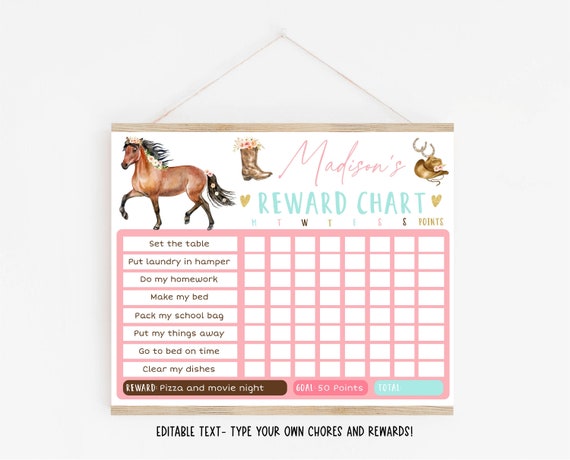 Editable Horse Reward Chart, Horse Behavior Chart, Cowgirl, Pony, Pink Floral, Daily Chore Chart, Printable, Digital Template A645 Il_570xn