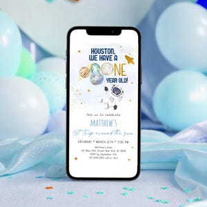 Editable Space Birthday E-Invitation First Trip Around The Sun Blue Gold Astronaut Galaxy Planets Outer Space Party Rocket Ship Digital A606 image 1